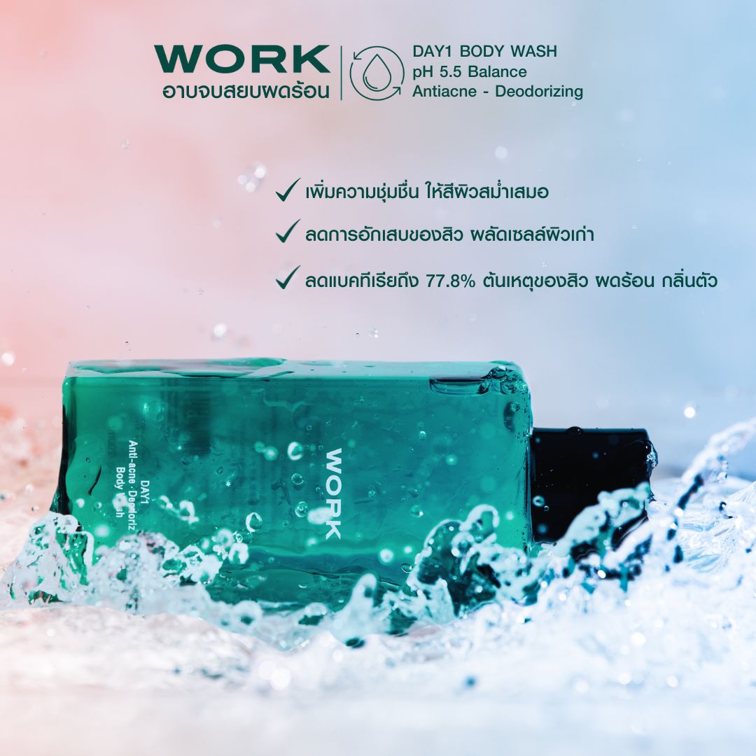 ขวดเจลอาบน้ำ WORK DAY1 ในสายน้ำ พร้อมคุณสมบัติ ลดแบคทีเรีย 77.8% ลดการอักเสบของสิว เพิ่มความชุ่มชื่น