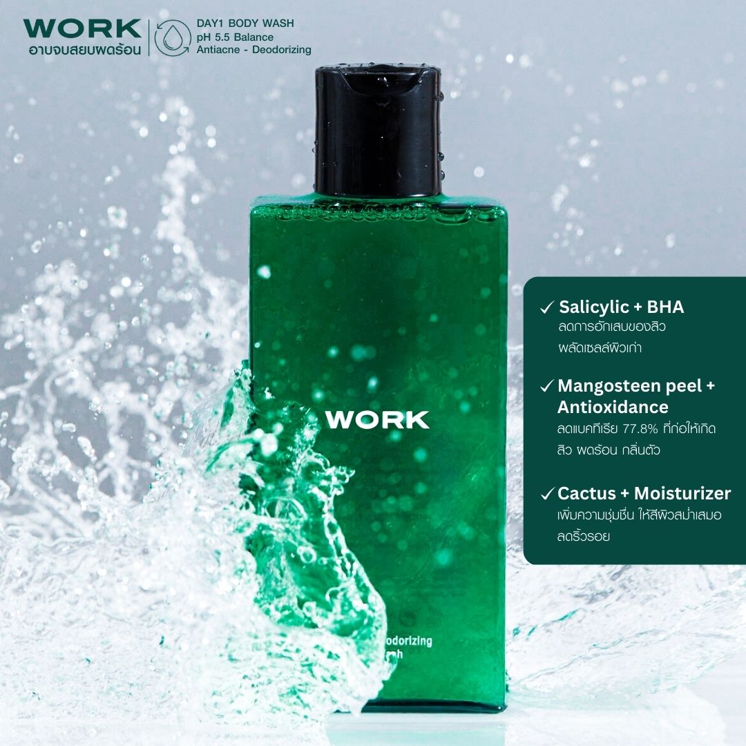ขวดเจลอาบน้ำ WORK DAY1 กับส่วนผสม Salicylic BHA เปลือกมังคุด และกระบองเพชร