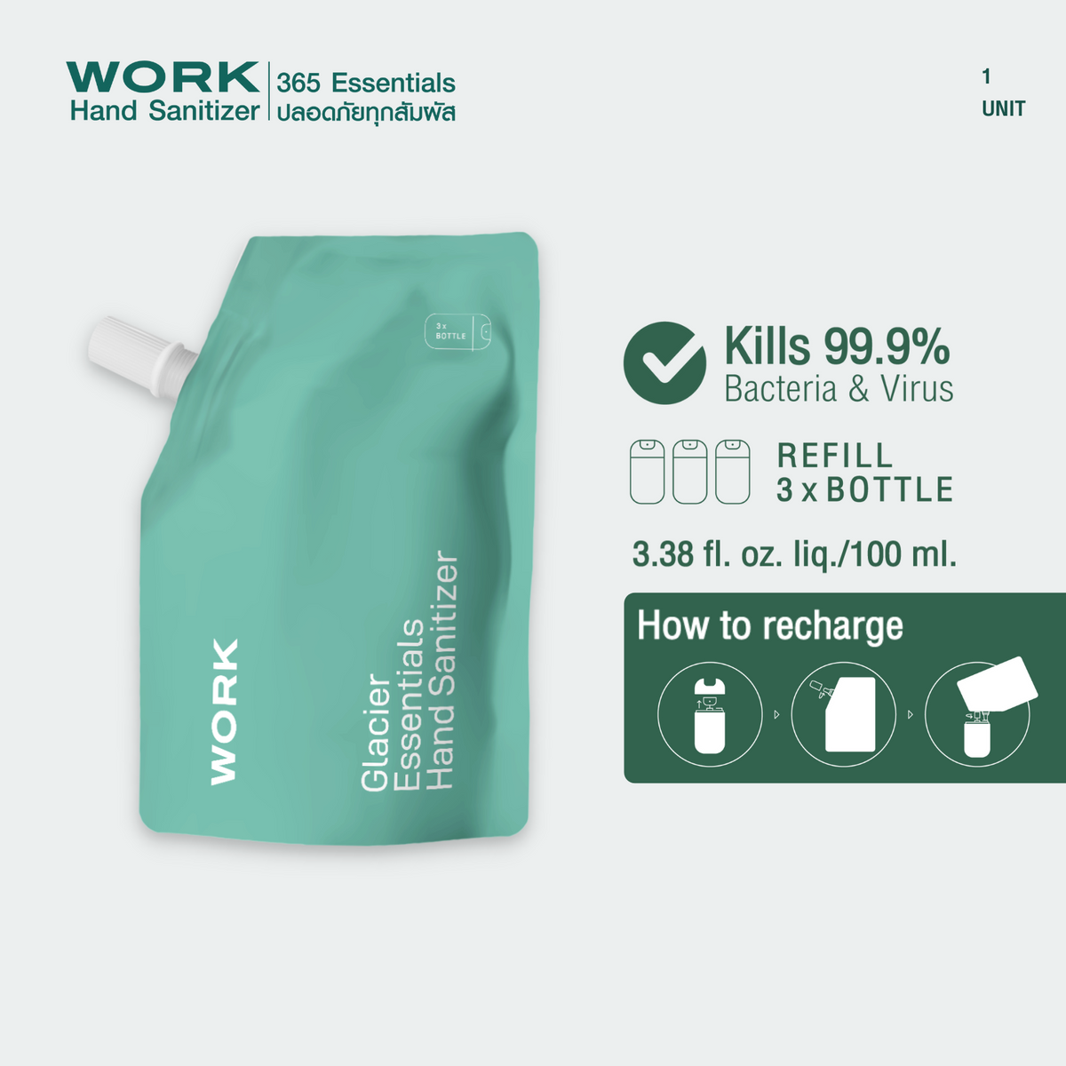 ถุงรีฟิลเจลล้างมือ WORK Glacier Essentials 100 มล. เติมได้ 3 ขวด ฆ่าเชื้อ 99.9%