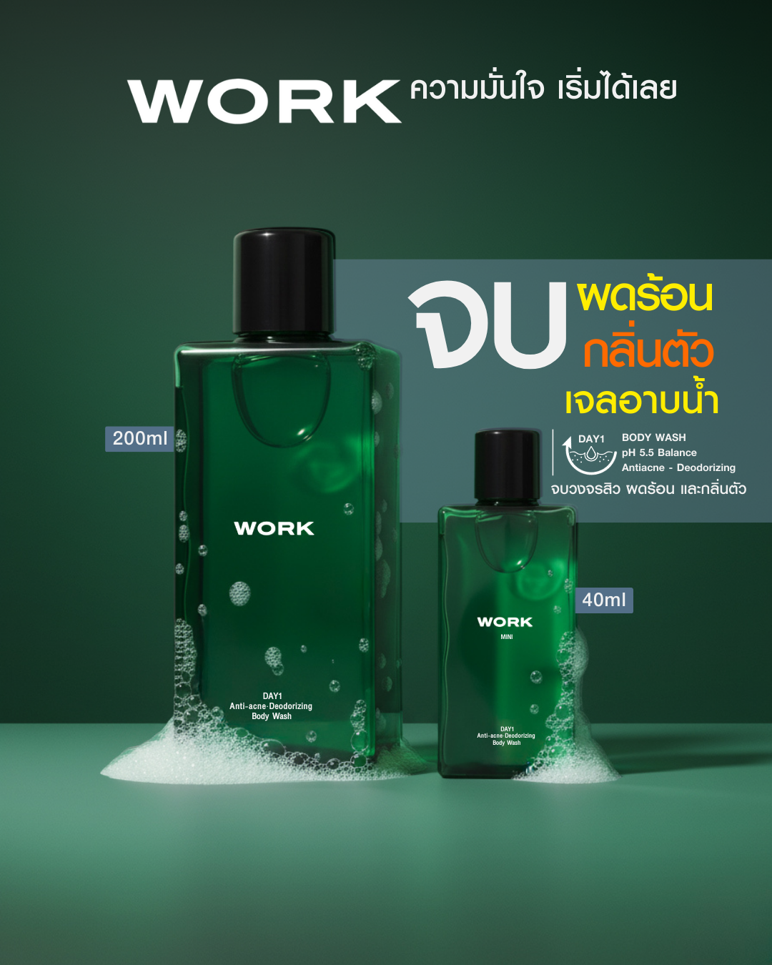 เจลอาบน้ำ WORK DAY1 ขนาด 200ml และ Mini 40ml จบวงจรสิว ผดร้อน และกลิ่นตัว