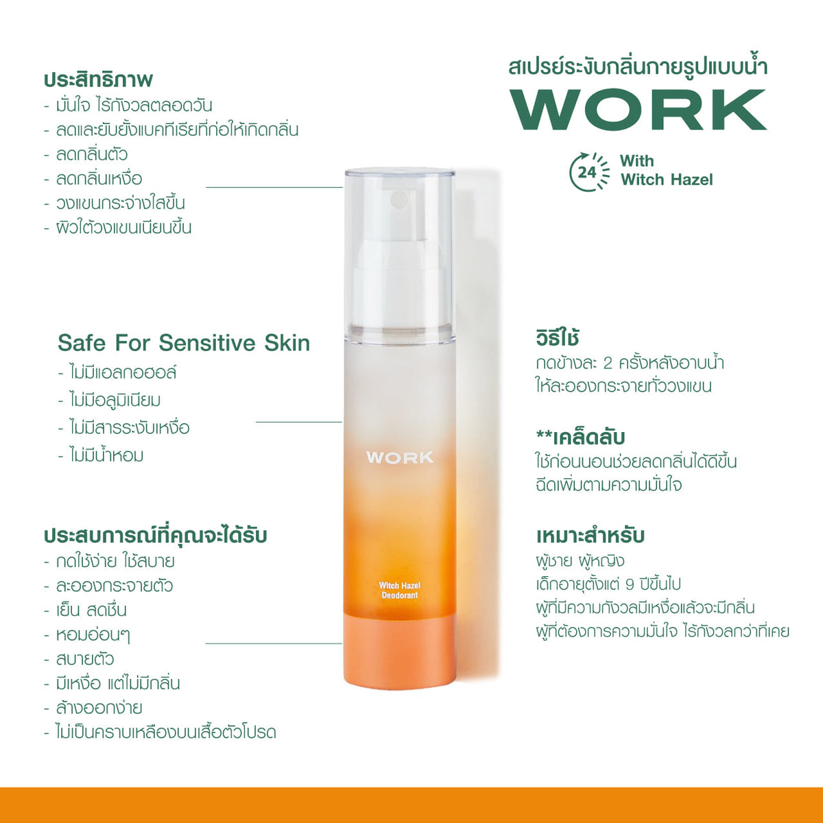 ข้อมูลสเปรย์ระงับกลิ่นกาย WORK Witch Hazel ประสิทธิภาพ วิธีใช้ และเหมาะสำหรับใคร